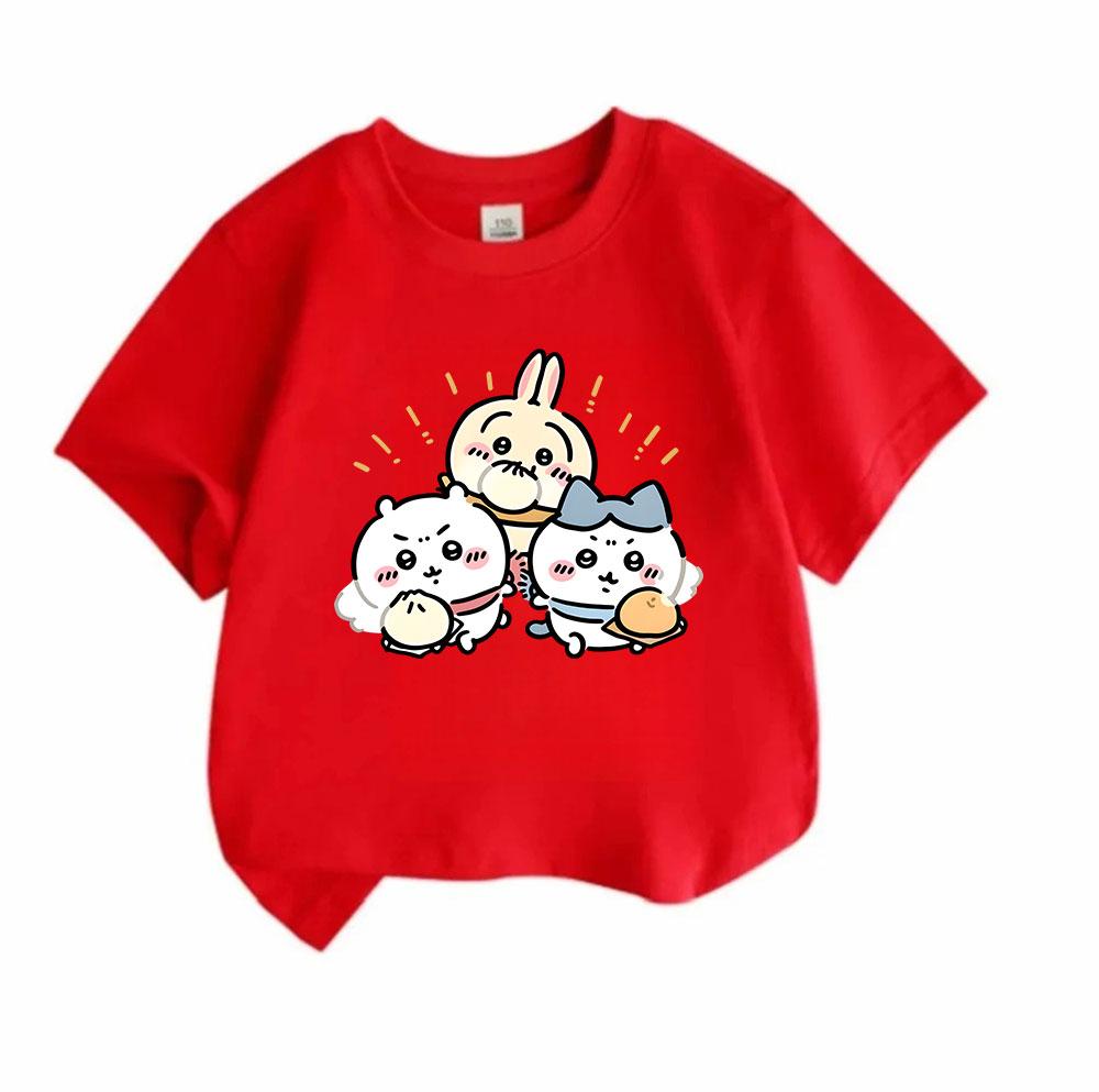 Kids Boys Girls 100% Cotton Crew Neck Short Sleeve T-Shirt, Cute Chibi Cartoon Three Friends Print Casual Soft Breathable Tee for Daily Play Wear, Lov