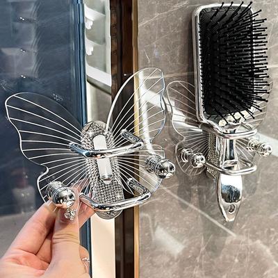 Estante de almacenamiento de peine de mariposa de lujo ligero para colgar en la pared sin perforaciones, gancho de almacenamiento para cintas para la cabeza, gomas para el pelo, anillos para el pelo para baño