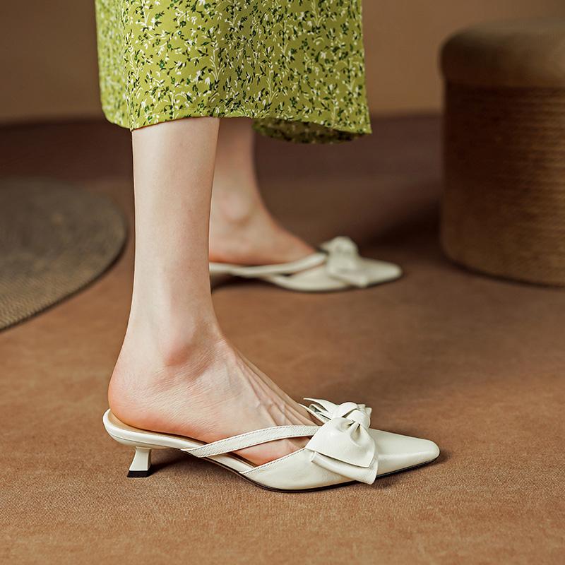 Point Toe Thick Heels Mules Women Pumps Genuine Leather Slippers Fashion Bowknot Shoes Woman 2024 Spring Summer Office Casual