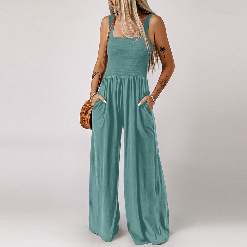 2024 Summer New Arrival Black Square Collar Smocking Jumpsuit Women European and American Leisure Slim Looking Suspenders Loose Pants Women