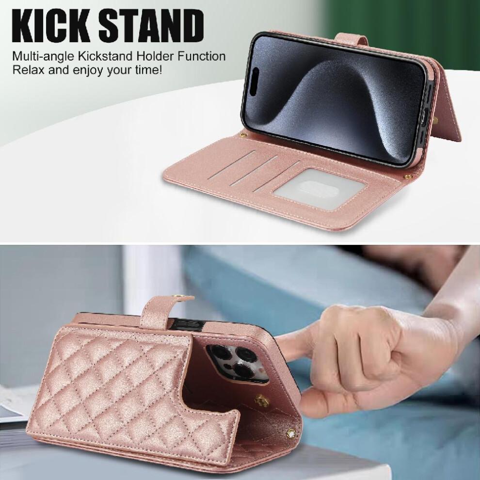 (Pink) Case for iphone 15 Pro Max Premium Protection Crossbody Style with 5 Card Slots Leather Wallet Case Anti Theft Brush Stand Function