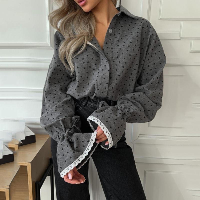 Women Sweet Loose Polka Dot Lace Cuff Turn Down Collar Long Sleeve Blouse