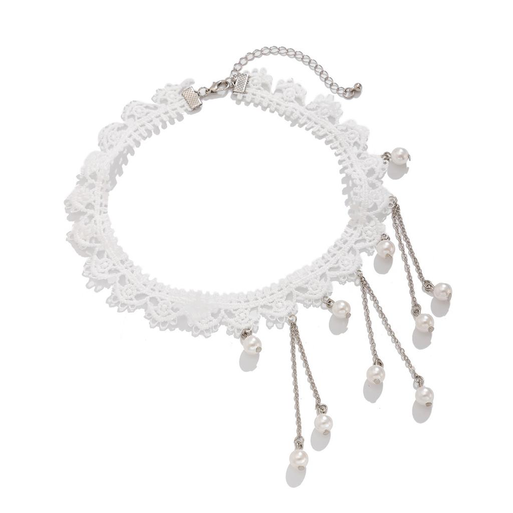 Pendentif Pierre Précieuse Imitation Perle Vintage Chaîne de Cou en Dentelle Choker Chaîne Métallique Personnalisée Collier à Franges
