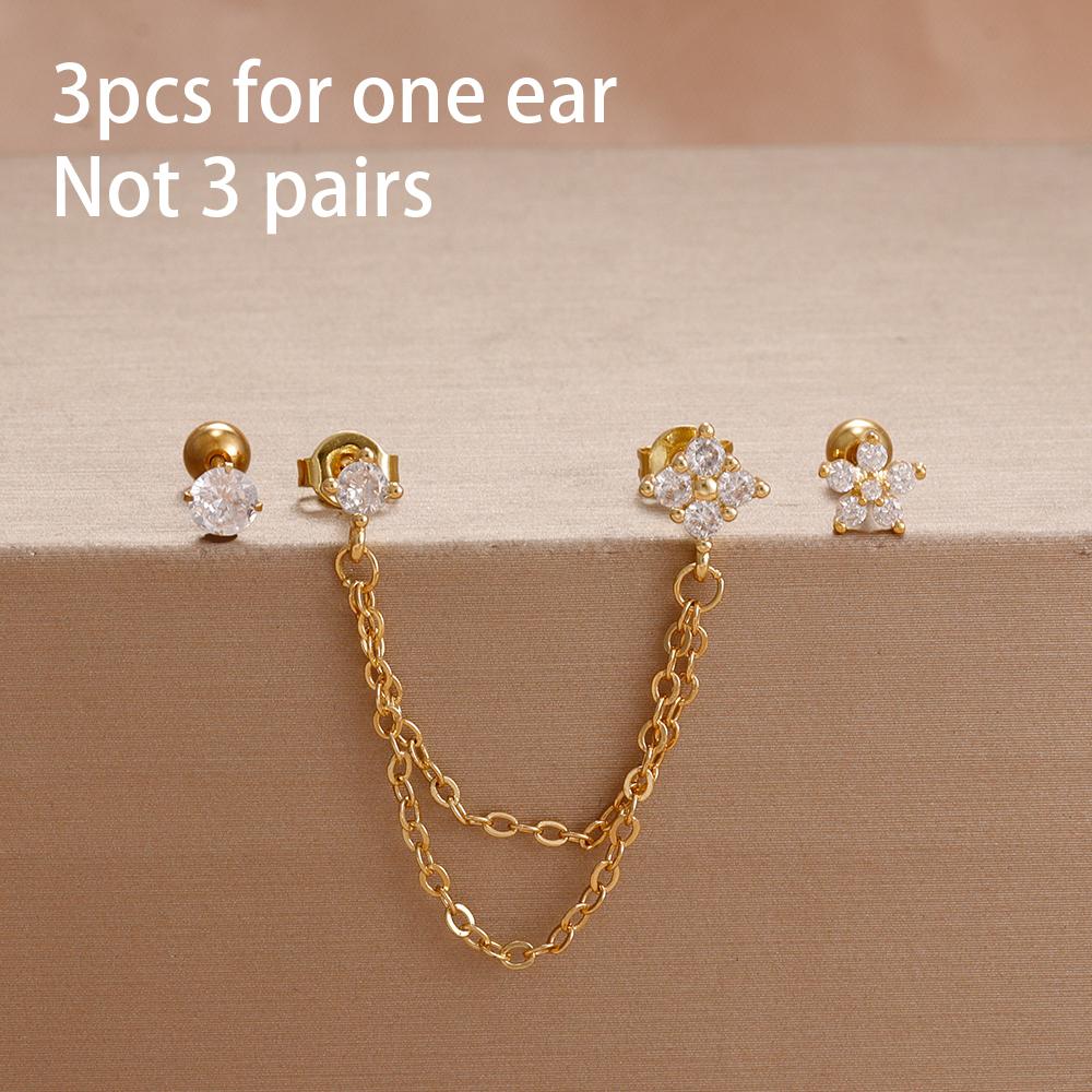 3PCS Simple Fashion Blue Flower Drop Earrings Set For Women Girl 18K Gold-Plated Zirconia Star Sun Stud Earring Piercing Jewelry