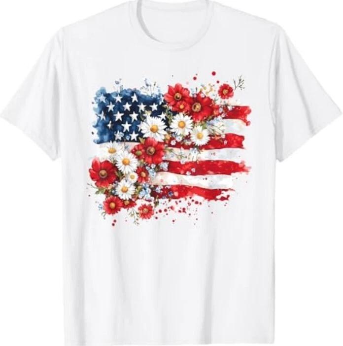 4th of July Floral American Flag Wildflowers Patriotic Women T-Shirt S