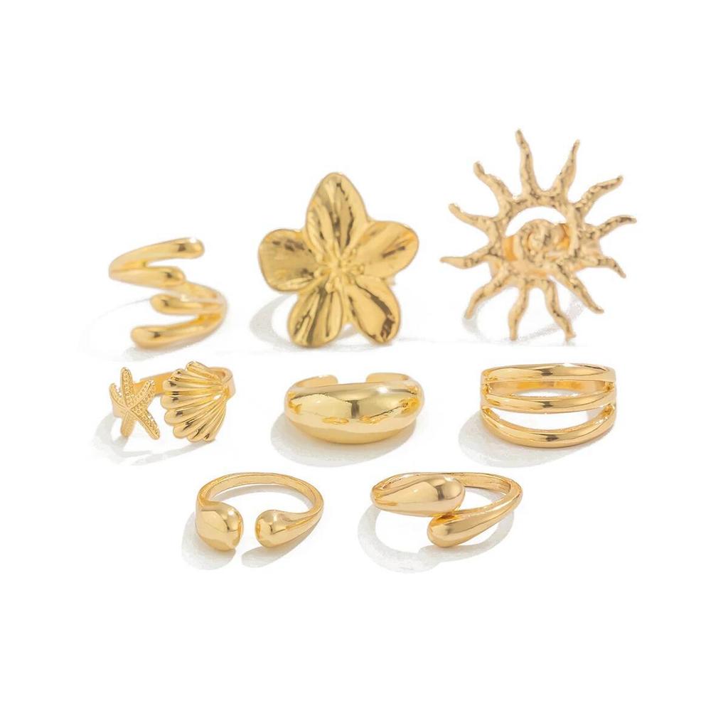 Ingemark 8Pcs/Set Creative Sunflower Scallop Open Rings for Women New Trend Vintage Irregular Water Drop Ring Couple Jewelry Men