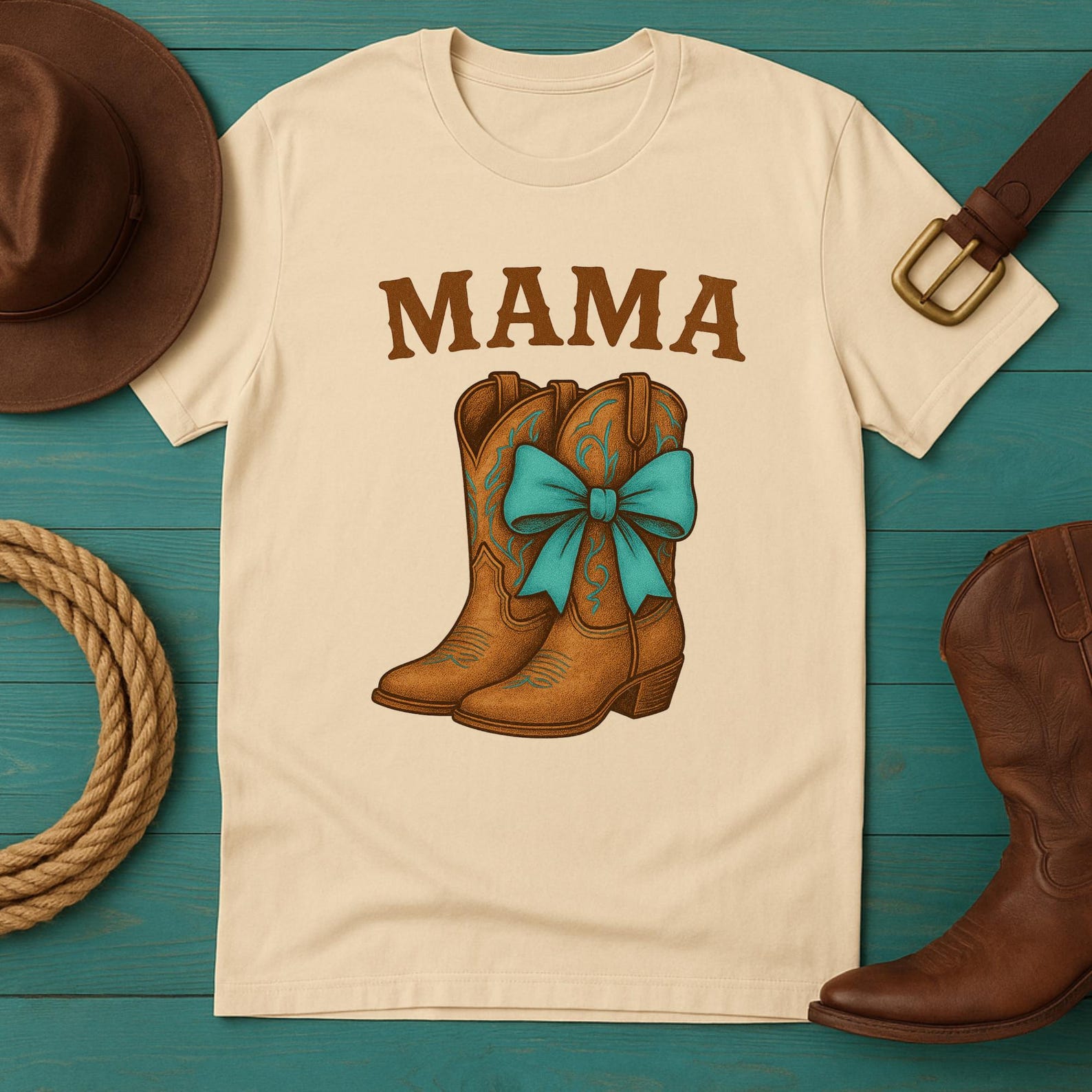 Western Mama T-Shirt – Turquoise Bow Cowgirl Boots, Vintage Style S