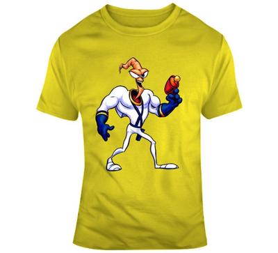 Maglietta per Fan di Videogiochi Personaggio Earthworm Jim Gioco Retro SNes