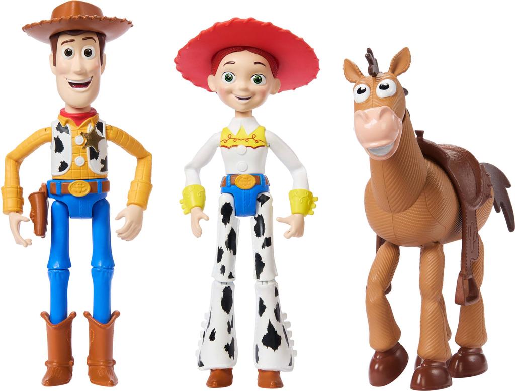 Mattel Disney Pixar Storytellers Toy Story Jessie fully articulated action main characters 3-Pack Woody, & Bullseye, 4-inch figures, collectibles.