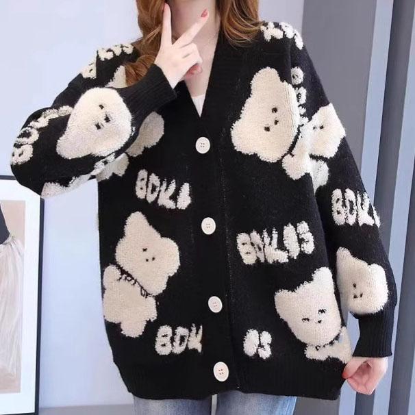 Gestrickter Custom 2025 Neuer Cartoon Süßer Stil Gestrickter Pullover für Damenmode, Mittellange bis Lange Jacke, Strickjacke, Bestickt für Damen