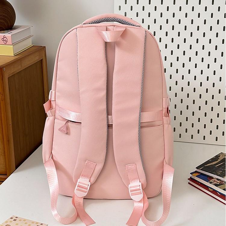 Schoolbag: Korean style cherry blossom peach pink with creamy strawberry kitten, academy style, multi-layered backpack for middle and high school