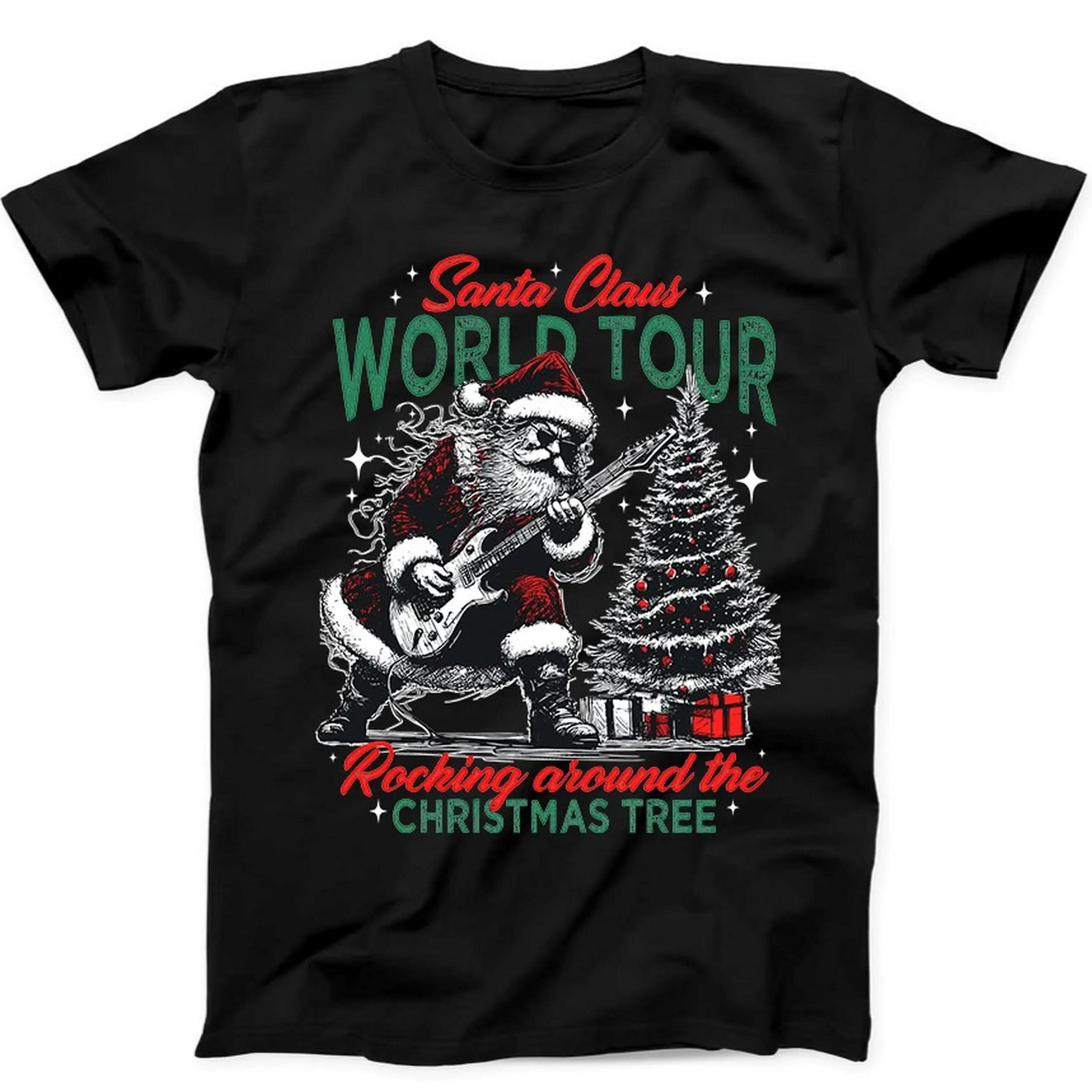 Christmas Santa Claus Playing Guitar World Tour Funny Gift Black T Shirt Summer Mens and Womens Loose and Breathable Tshirt S