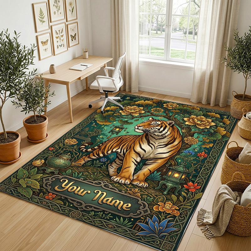 Tigers Majesty Theme Soft Crystal Velvet Rug Custom Name & Text Print Non Slip Floor Rug for Bedroom Living Room