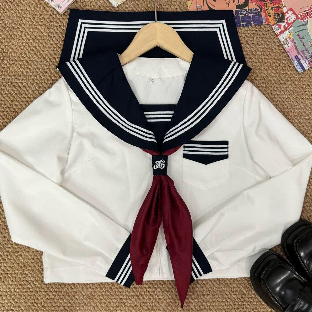 Enhanced White Three-Piece Japanese JK Sailor Suit Pleated Skirt Set - Academy Style Uniform