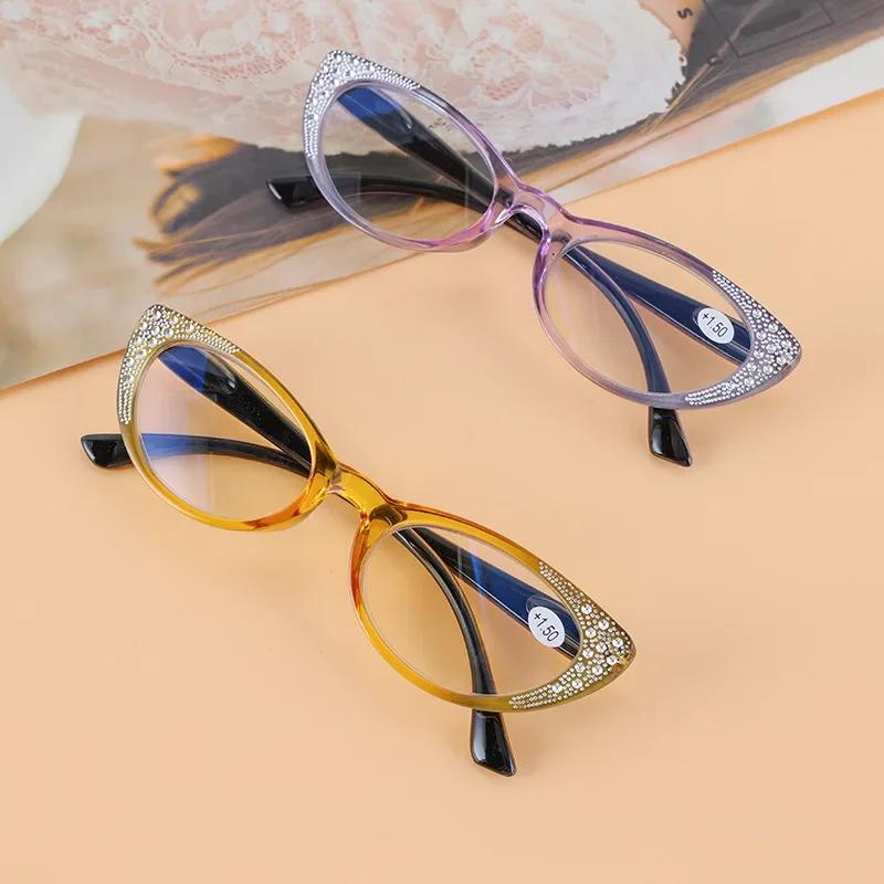New Cat's Eyes Reading Glasses Women Fashion Diamond Plated Blue Light Proof Presbyopia Eyeglasses  +0.75 To +3.5
