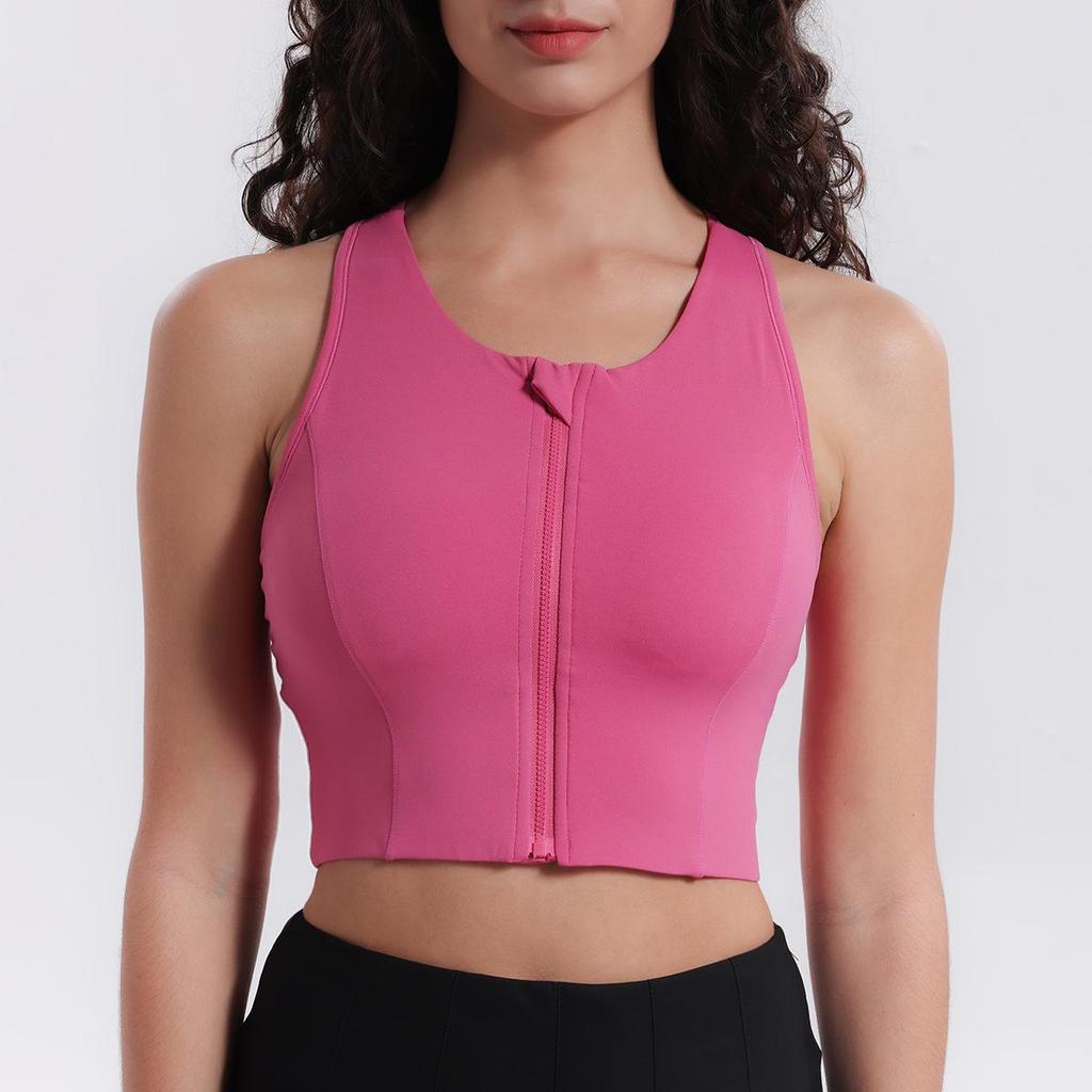 High-Impact Lycra Sports Bra with Front Zipper and Fixed Cups