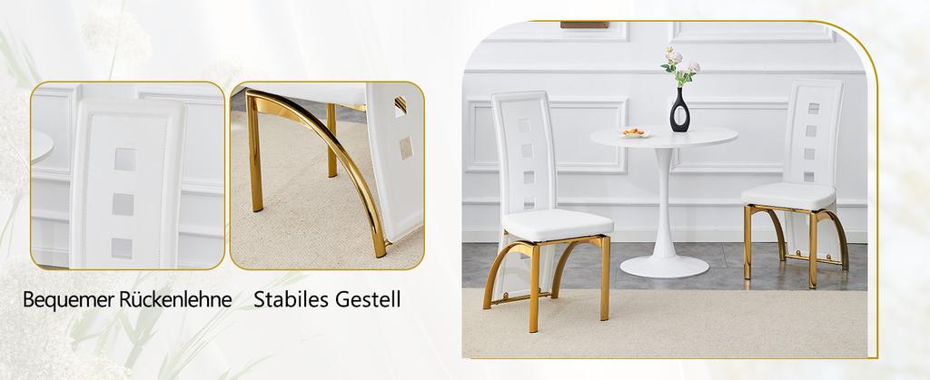 [Set mit 2 Stück] Europäische Design-Esszimmerstühle mit Lochmuster, Matweißes PU-Leder + Glänzende Gold-Metallbeine, 102,5 cm hoch, für Ess- oder Wohnzimmer.