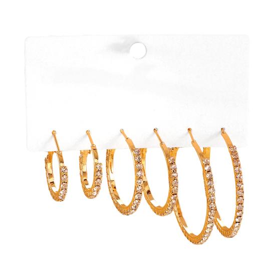 3 Pairs Women Earrings Ear-Pin Closure Stable Wearing Structure Multi-Size Hoop Earrings with Rhinestones Inlaid Jewelry Gift