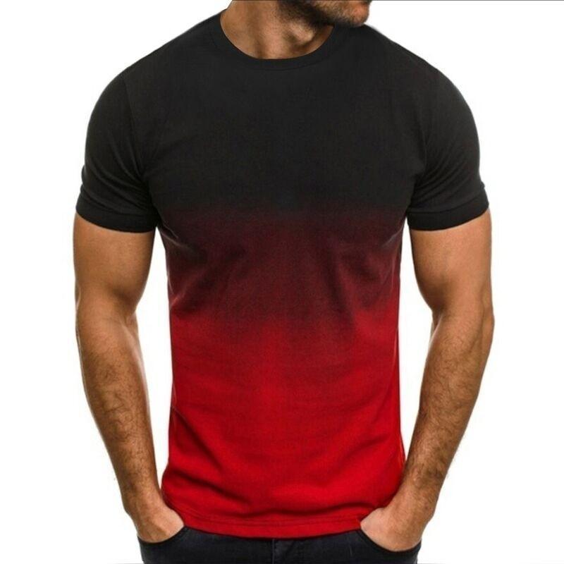 Summer fashion round neck 3D red and black gradient short sleeved men's round neck t-shirt, men's new casual sports t-shirt