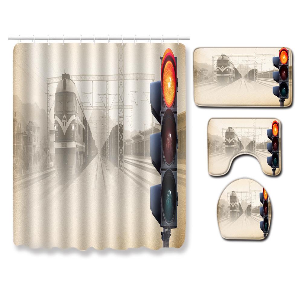 Fashion Textured Bathroom Shower Curtain Floor Mat Toilet Cover Foot Mat Four-Piece Set