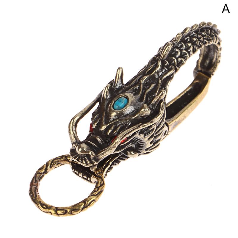 Pure Brass Red Eyes Dragon Head Keyrings Zodiac Dragon Keychain Vintage Muži Přezka v pase Přívěsek na klíče od auta Přívěsek na klíče Dárky Řemesla