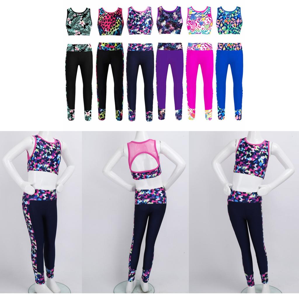 2Pcs Elastic Waistband Long Leggings Pants + Sleeveless Mesh Racer Back Tanks Tops Digital Print Gym Dancewear Outfit