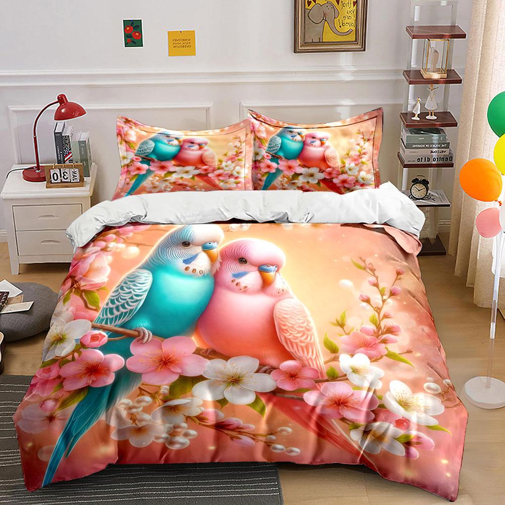 "Parrot Blossom Canvas Art Set" Bedding Set with 1 Duvet Cover 2 Pillowcases Single Double King Queen, Gift