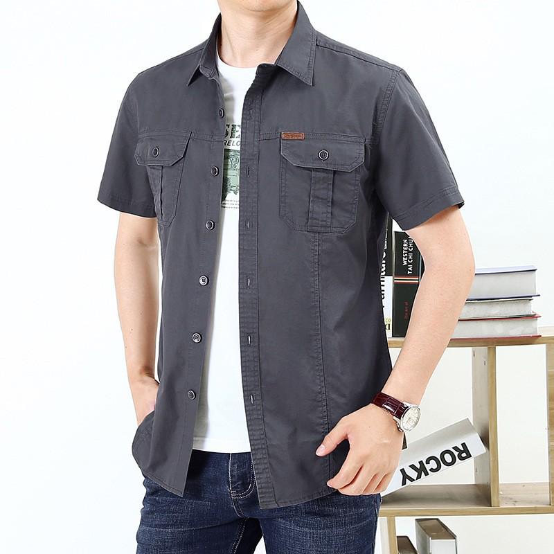 2024 Men's Casual Cotton Military Shirt - Washed, Thin, Loose Short Sleeve
