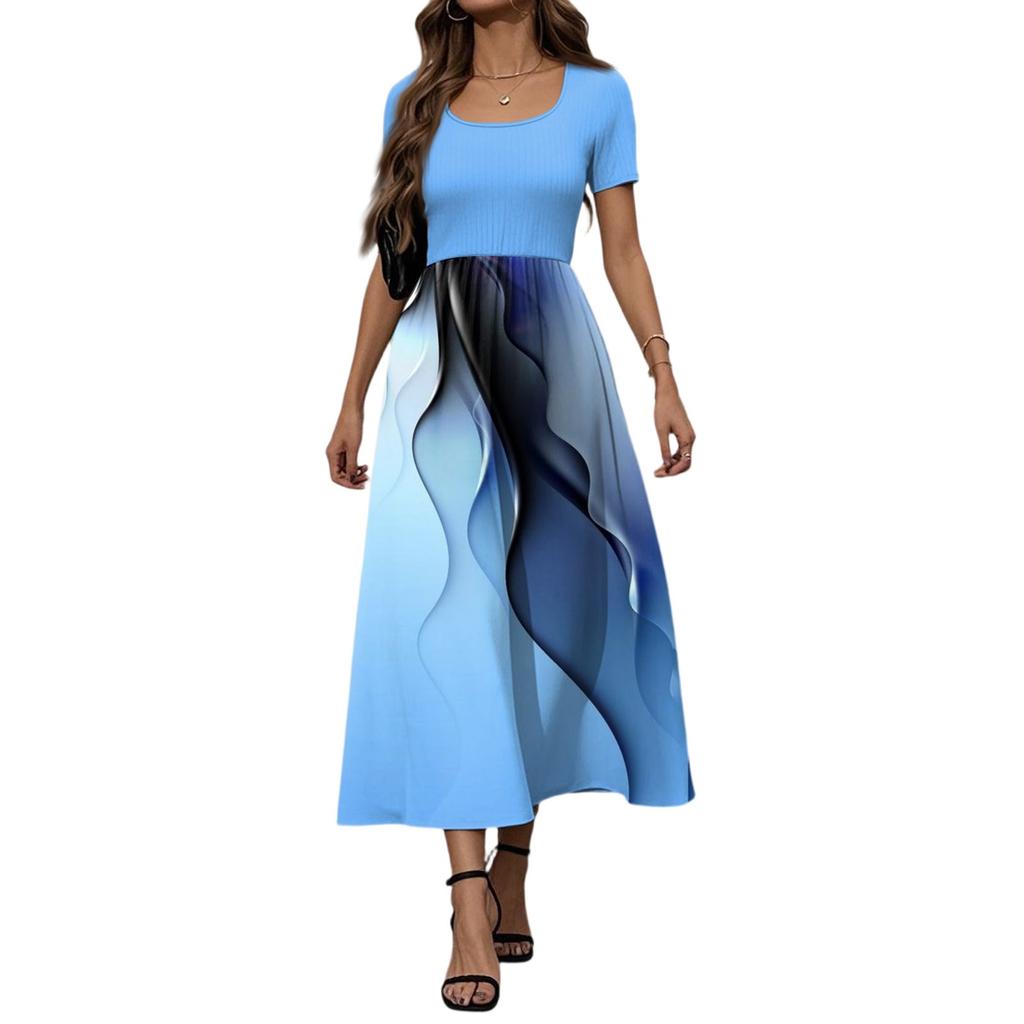 Women's Fashion Casual Short Sleeve Round Neck Splicing Floral Print Elegant Temperament Dress