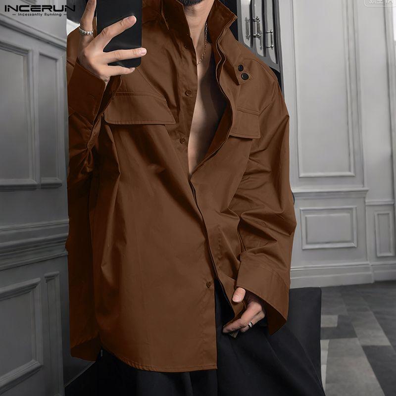 INCERUN S-5XL Men Casual Stand Neck Long Sleeve Loose Cargo Shirts Tops