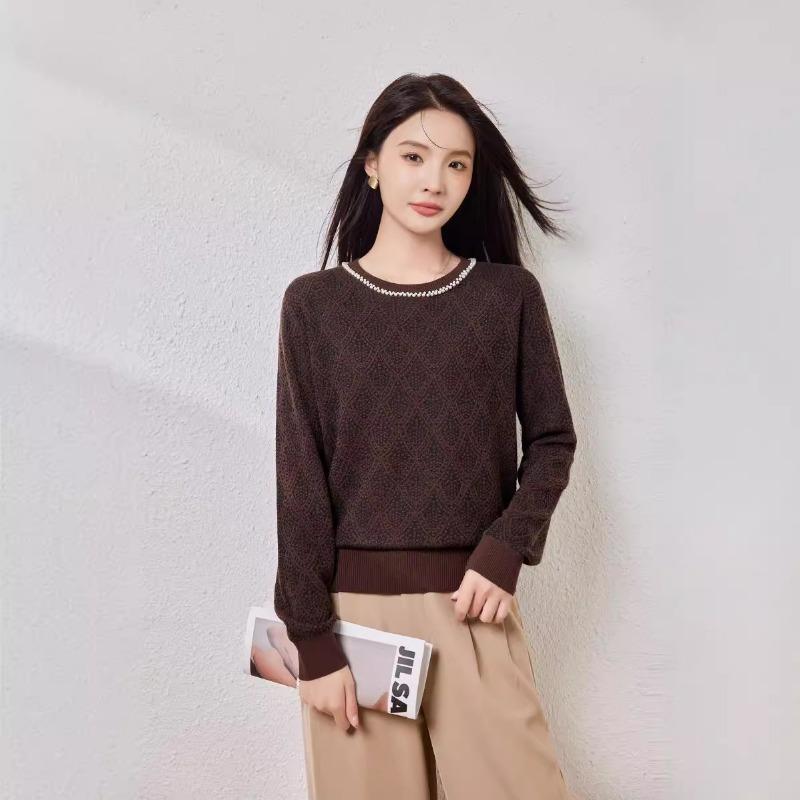 Silk-containing Wool Sweater Women's Autumn New Beaded Top Round Neck Lazy Fan Knitted Sweater Backing Sweater