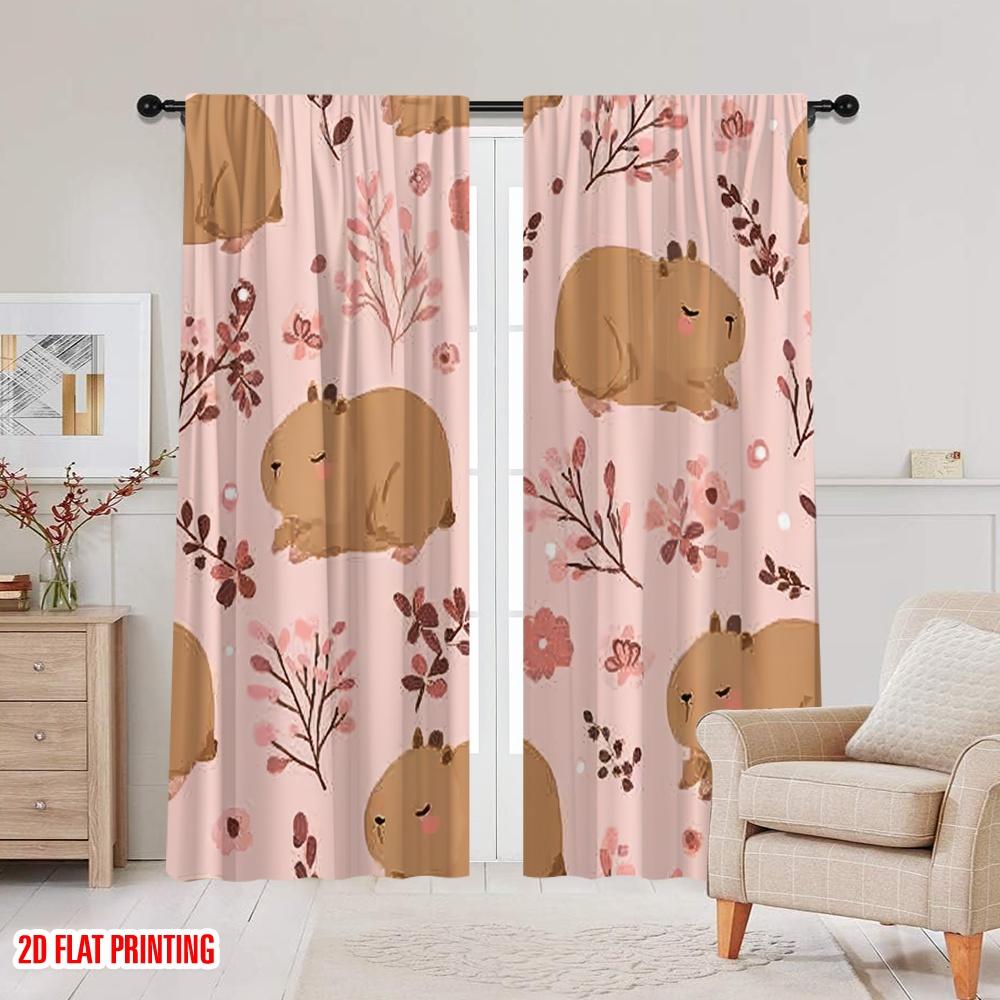 2D flat printing 2pcs Window Curtains Cute Capybara 100% Polyester Without Electricity Versatile Use for room decor aesthetic