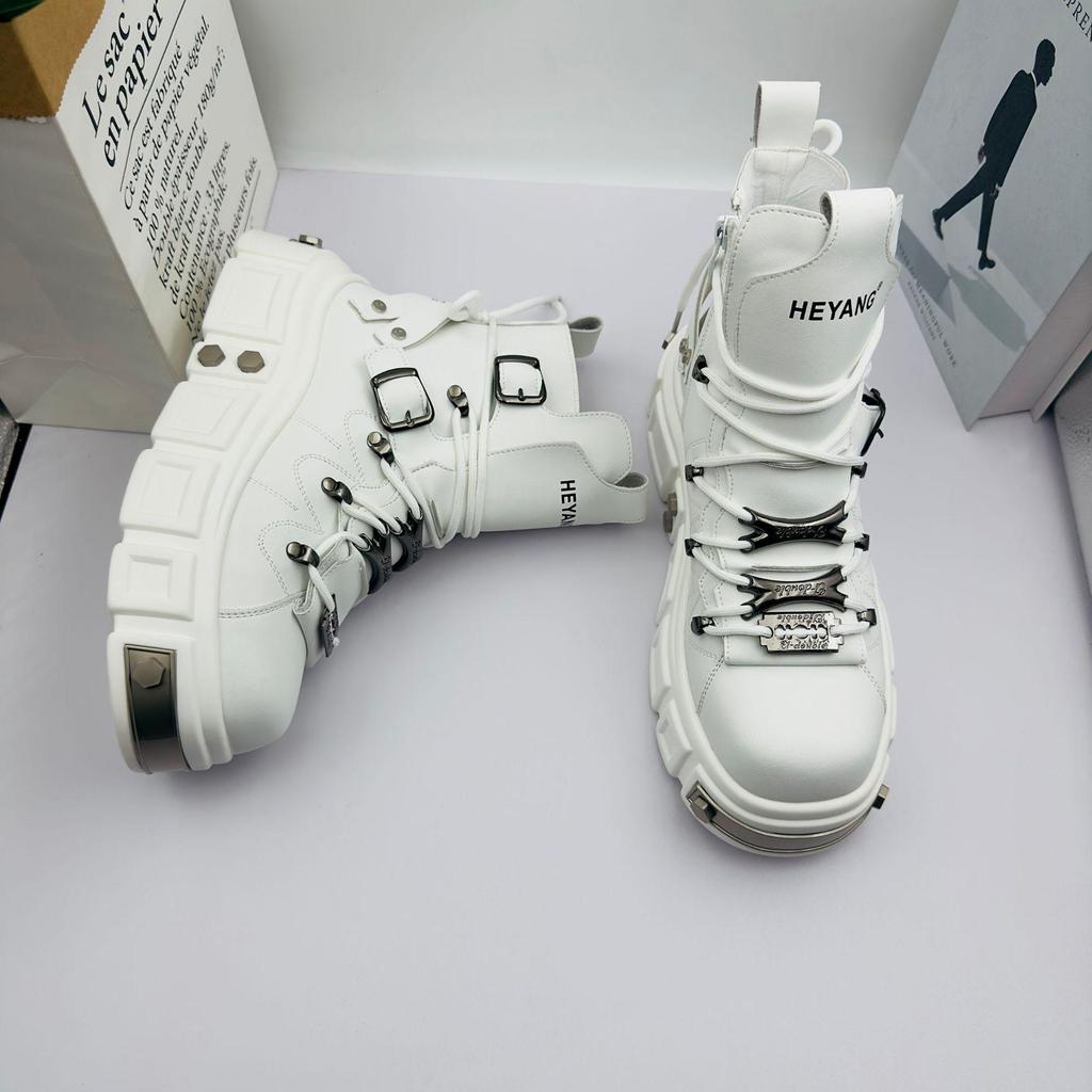 HEYANG Men's Mid-Calf Cotton-Padded Martin Boots - Punk Style, Thick-Sole Motorcycle Boots for Autumn/Winter.