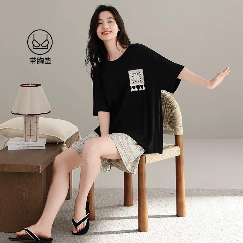 Pajamas with Chest Pads Women's Summer Tencel Short-sleeved Shorts 1011 New Lyocell High-end Loungewear Set