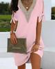 Women Lace Collar Dress Solid Color Split Cuffs Bow Knot European American Style