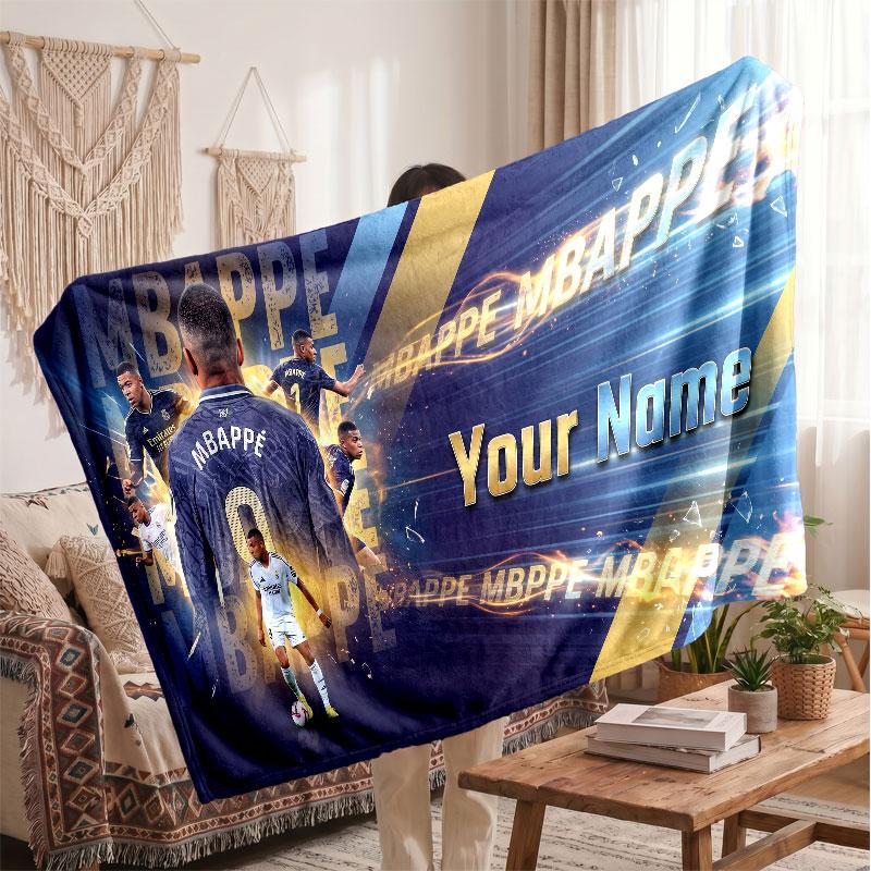 Kylian Mbappe Personalized Fleece Blanket With Football Logo, Custom Name Text Soft Warm Home Throw Blanket