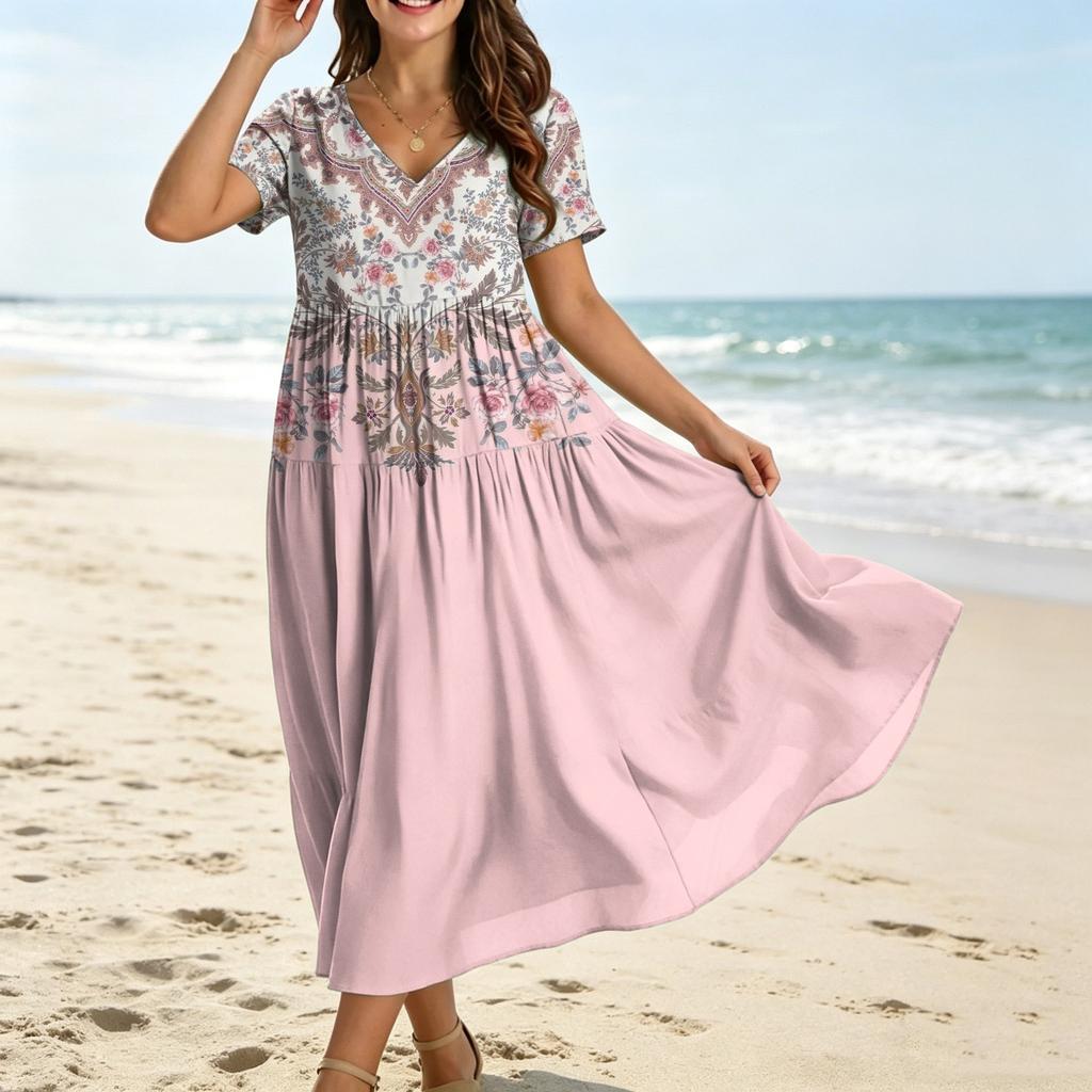 Women Casual Loose Fit Bohemian Style Printed Short Sleeve V Neck Maxi Dress with Artistic Pattern Design
