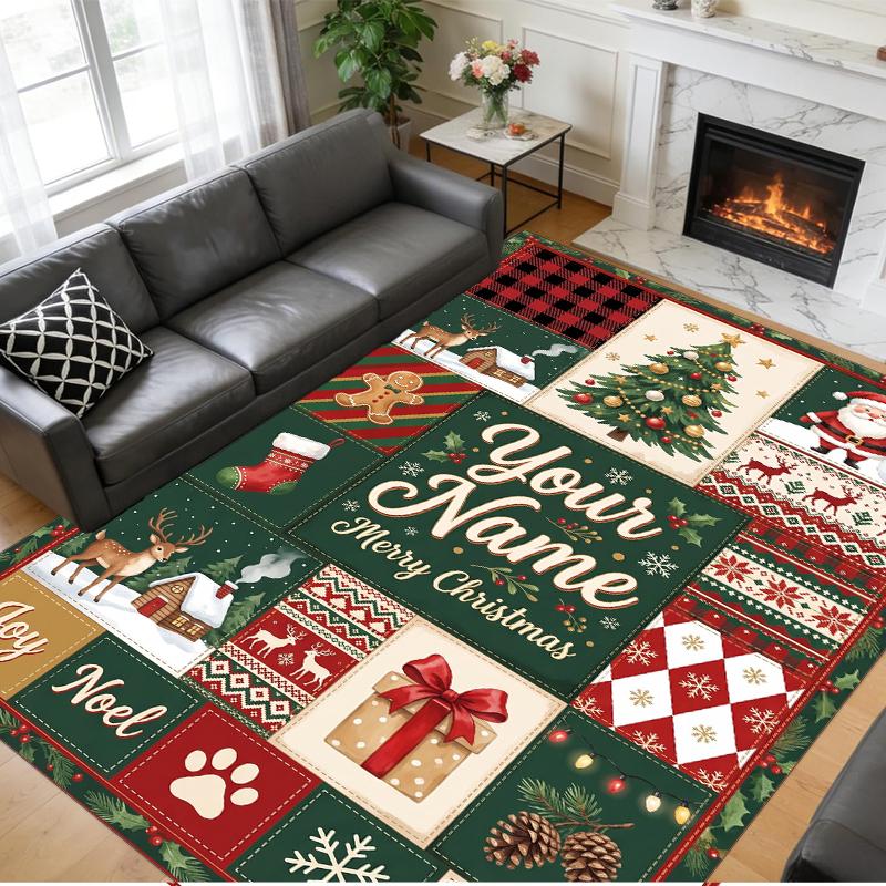 Christmas Custom Name Printed Square Area Rug Soft Non Slip Floor Carpet For Bedroom Holiday Gift