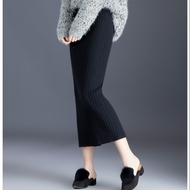 High-End Women's Autumn Winter Thickened Knitted Midi Skirt Slit Bodycon Pencil Skirt Slim-Fitting Wool Skirt