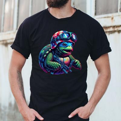Psychedelic Combat Turtle Tee, AI Design, Funny Turtle Shirt
