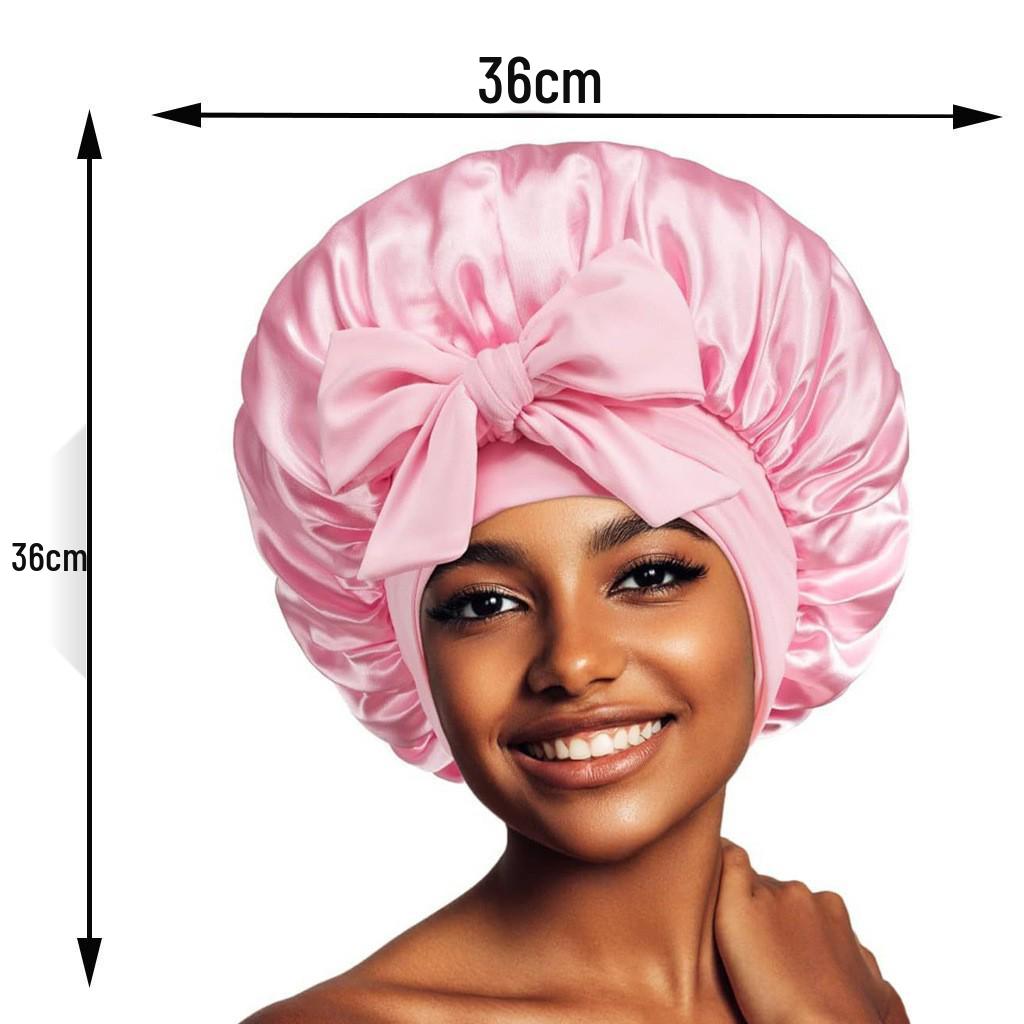 Silk Satin Sleep Cap with Ribbon Bow for Women - Elastic Wide Brim Bath Headscarf Hat for Hair Care