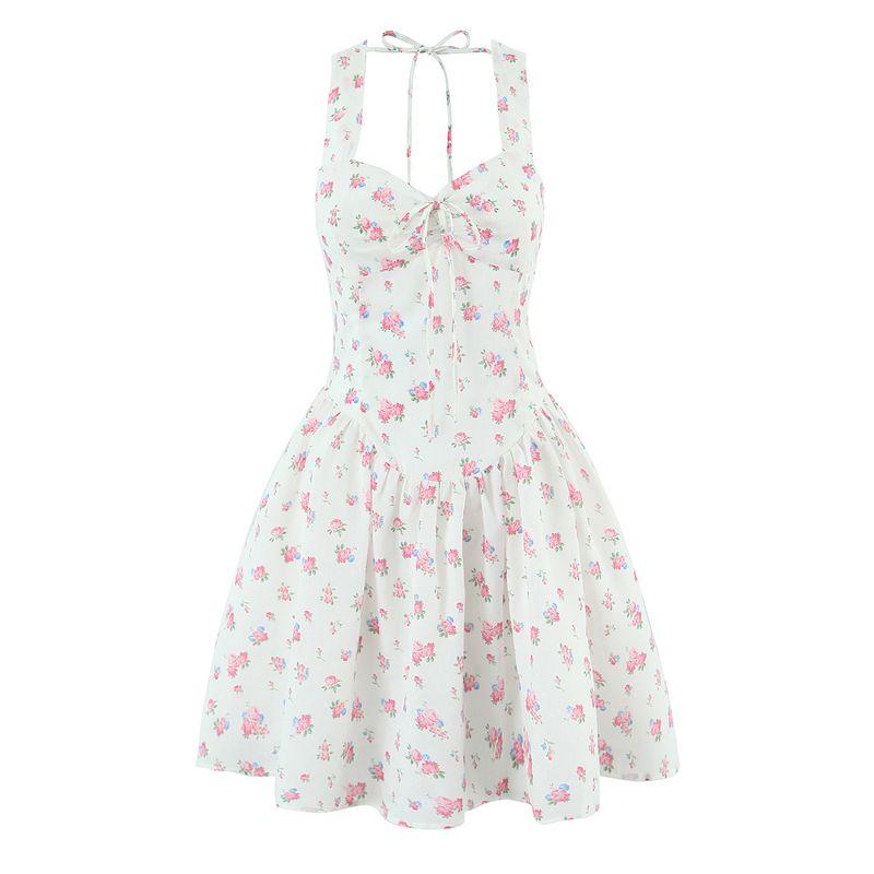 

For Love French style Romantic Pastoral Sweet and Spicy Girl Retro Floral Suspender Skirt Seaside Vacation Gentle Dress Romantic floral L