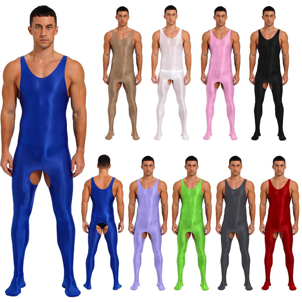 Herren-Dessous, glänzend, glatt, dehnbar, ärmellos, U-Ausschnitt, offener Schritt, Ganzkörper-Bodysuit mit Füßen