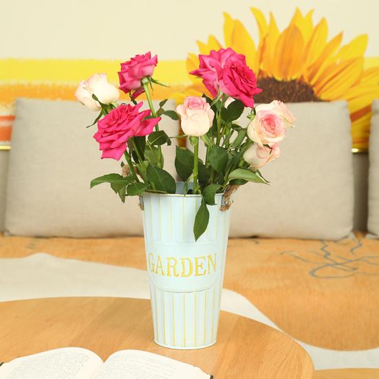 Deep Bucket Vase Galvanized Iron Flower Bucket with Rope Handles Retro Farmhouse Vase for Home Flower Arrangement