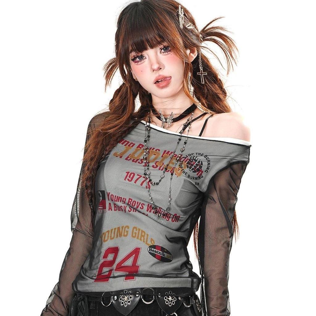 T-shirt Y2K da ragazza Retron Street Wear Manica Lunga Magliette con Scavature Per T-shirt da Donna