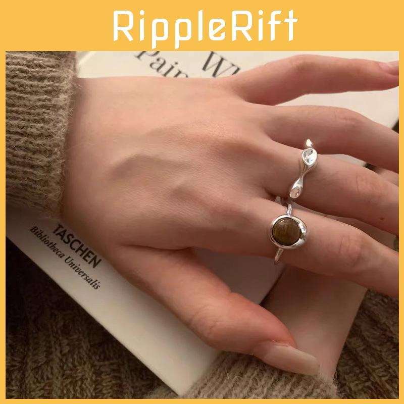 Luxury Korean Geometric Tiger Eye Stone Ring For Women Stylish Adjustable Copper Design