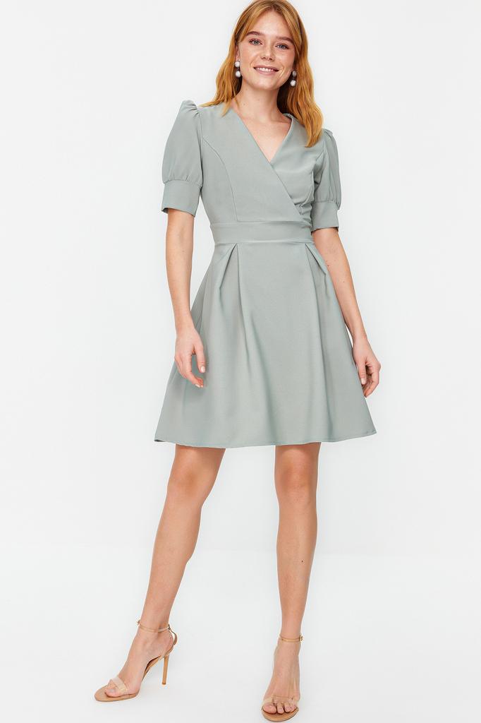 Women's Style Dress Black Double Breasted Neck Skater Mini Woven Dress with Opening Waist