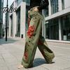 Women Wide Leg Pants High Waisted Jeans, Vintage Floral Print Faux Denim Casual with Pockets Trousers, Loose Fit & Metal Eyelets Street Style Clothing