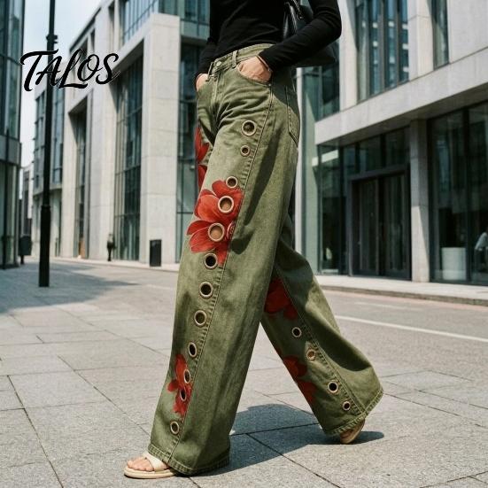 Women Wide Leg Pants High Waisted Jeans, Vintage Floral Print Faux Denim Casual with Pockets Trousers, Loose Fit & Metal Eyelets Street Style Clothing