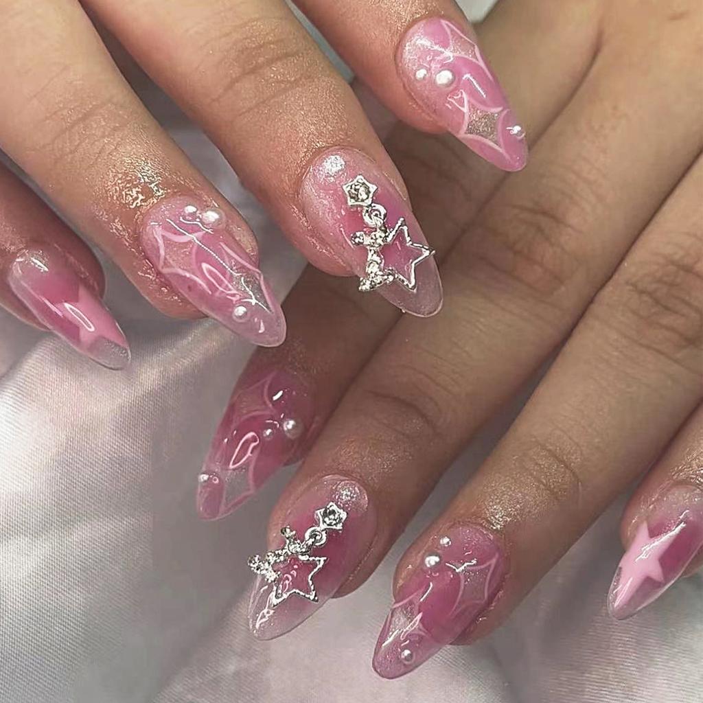 24Pcs Y2K Pink French Press On Nails 3D Metallic Silver Star Butterfly Almond False Nails Sweet Cool Wearable Manicure